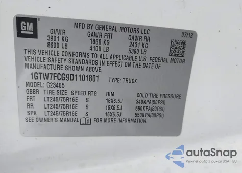 2013 GMC Savana 2500 Work Van z USA, uszkodzony, nr VIN 1GTW7FCG9D1101801